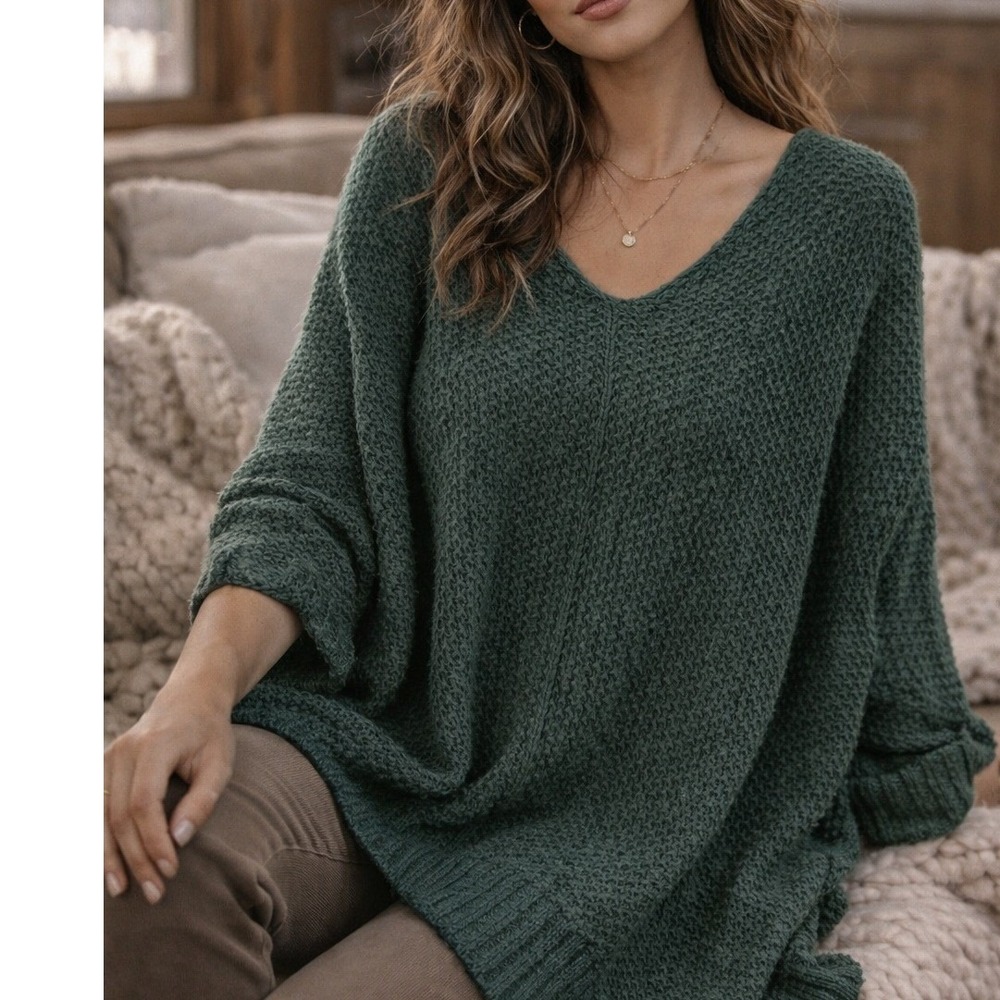 She + Sky Green Oversized Knit Sweater Forest Green One Size Handkerchief Hem